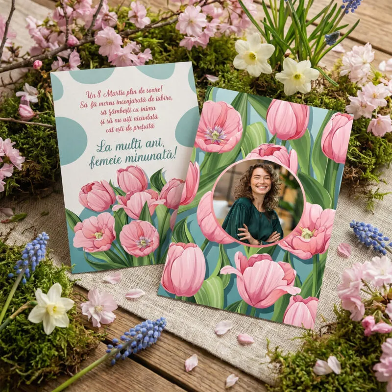 felicitare personalizată "ești minunată" design lalele roz, poză și mesaj de 8 martie