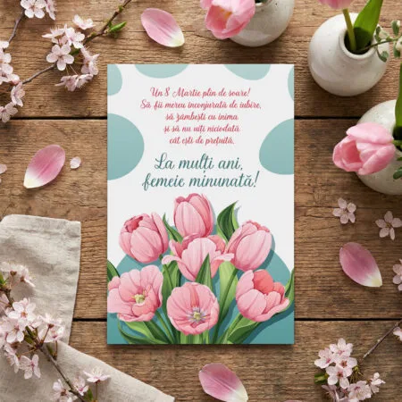 felicitare personalizată "ești minunată" design lalele roz, poză și mesaj de 8 martie