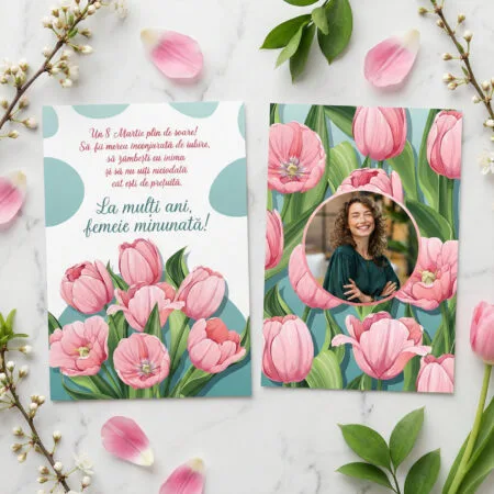 felicitare personalizată "ești minunată" design lalele roz, poză și mesaj de 8 martie