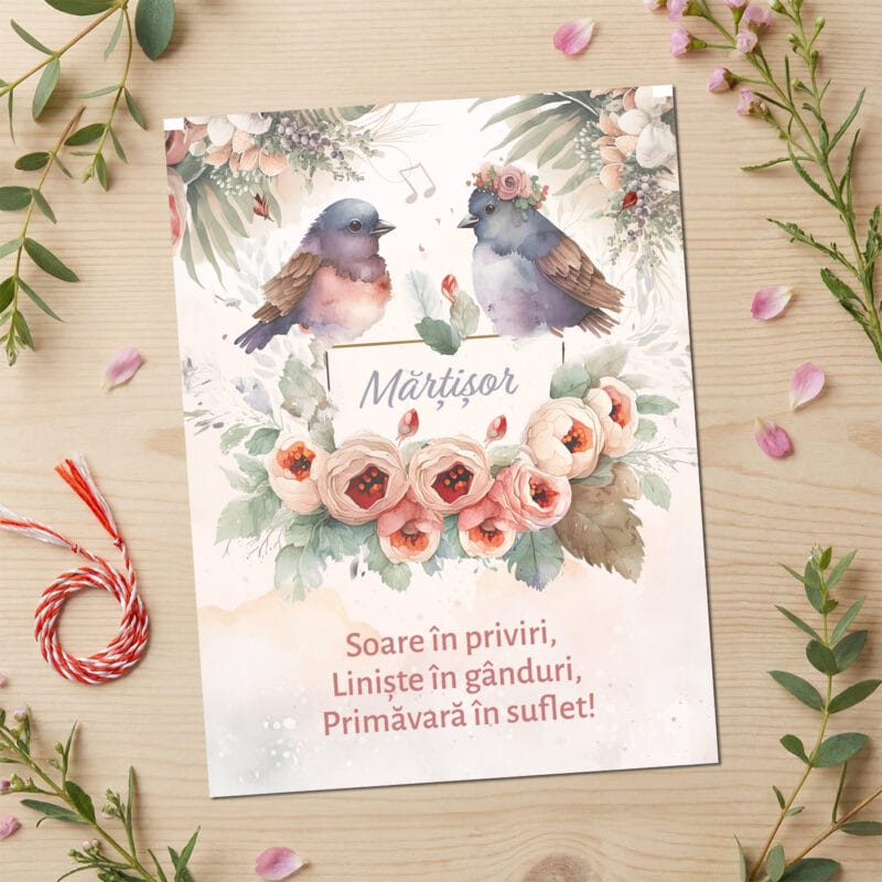 mărțișor magnetic "vestitorii primăverii" design păsărele acuarelă & mesaj