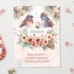 mărțișor magnetic "vestitorii primăverii" design păsărele acuarelă & mesaj