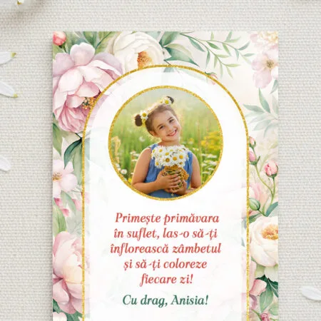 magnet mărțișor "zâmbet înflorit" personalizat cu poză, mesaj & semnătură (design bujori roz)