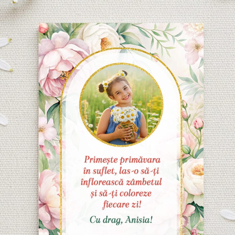 magnet mărțișor "zâmbet înflorit" personalizat cu poză, mesaj & semnătură (design bujori roz)