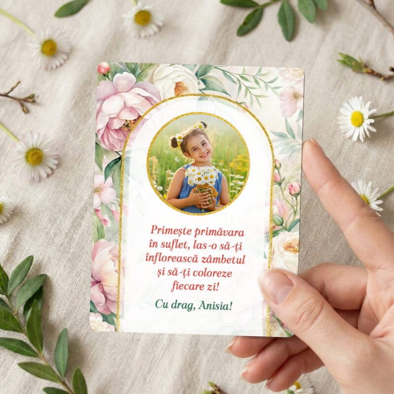 magnet mărțișor "zâmbet înflorit" personalizat cu poză, mesaj & semnătură (design bujori roz)