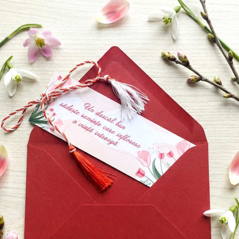 mărțișor semn de carte magnetic "semințele cunoașterii" mesaj pentru dascăli (design lalele)