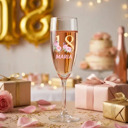 pahar Șampanie personalizat "sweet 18" nume & vârstă (design gold & pink pentru majorat)