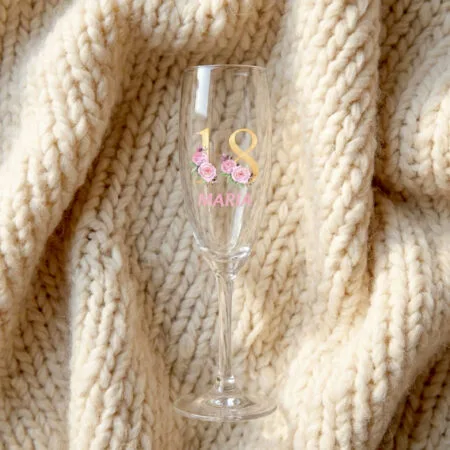pahar Șampanie personalizat "sweet 18" nume & vârstă (design gold & pink pentru majorat)