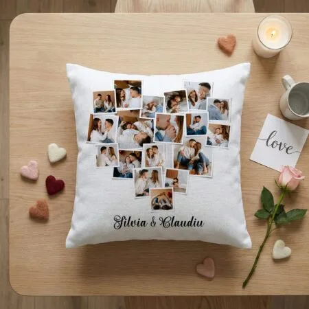 pernă personalizată "mozaicul iubirii" colaj inimă din multe fotografii & nume