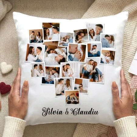 pernă personalizată "mozaicul iubirii" colaj inimă din multe fotografii & nume