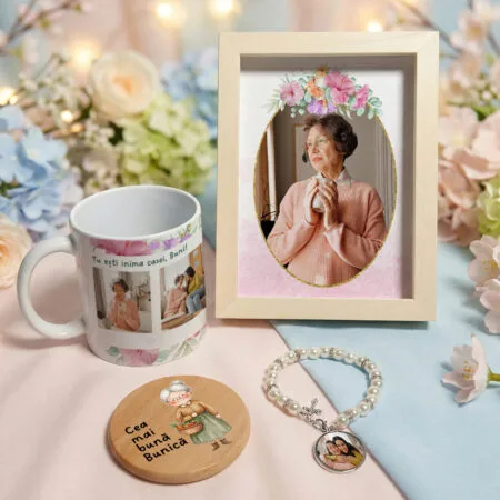 set cadou premium "buni, inima casei" ramă 3d, cană, brățară & magnet (4 piese personalizate)