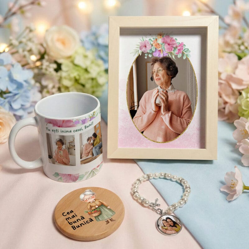 set cadou premium "buni, inima casei" ramă 3d, cană, brățară & magnet (4 piese personalizate)