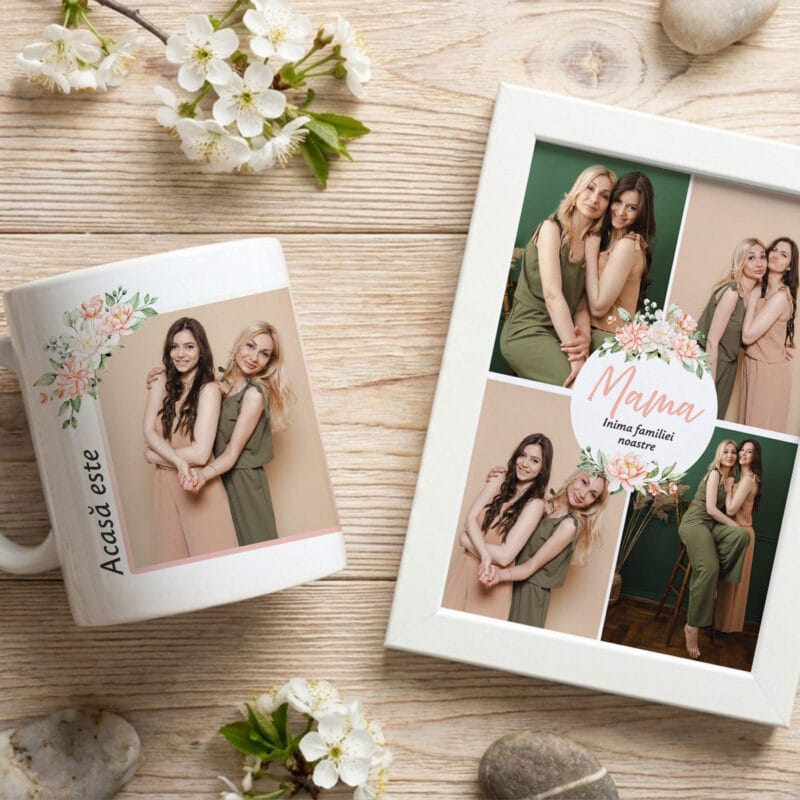 set cadou mama "inima familiei" ramă foto a4 & cană personalizată (7 poze & mesaje emoționante)
