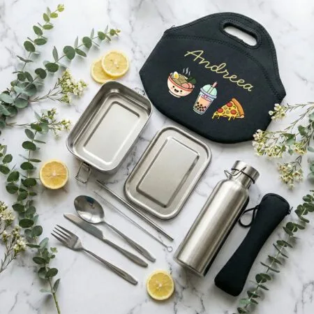 set complet prânz copii "eco smart" geantă personalizată, caserolă & sticlă inox, tacâmuri