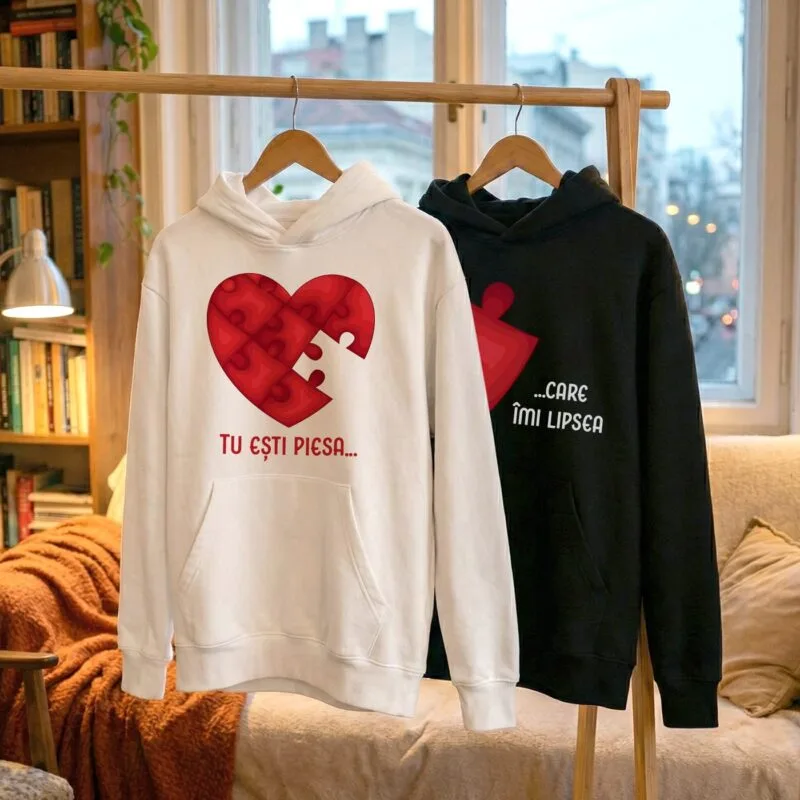 set hanorace cuplu "piesa lipsă" design puzzle & mesaj "tu ești piesa... care Îmi lipsea"