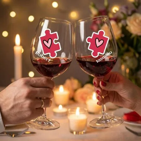 set pahare vin "the perfect fit" design puzzle & nume (cadou cuplu)