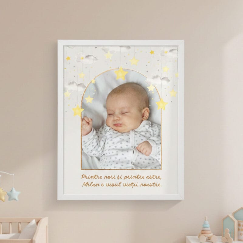 tablou Înrămat "visul vieții noastre" personalizat poză, nume & design norișori (decor cameră bebe)