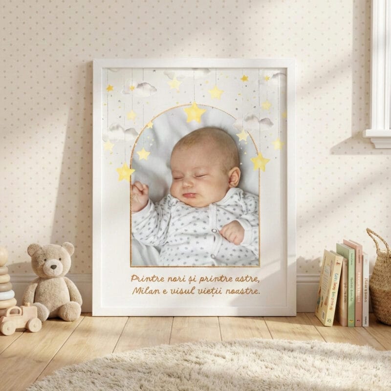 tablou Înrămat "visul vieții noastre" personalizat poză, nume & design norișori (decor cameră bebe)