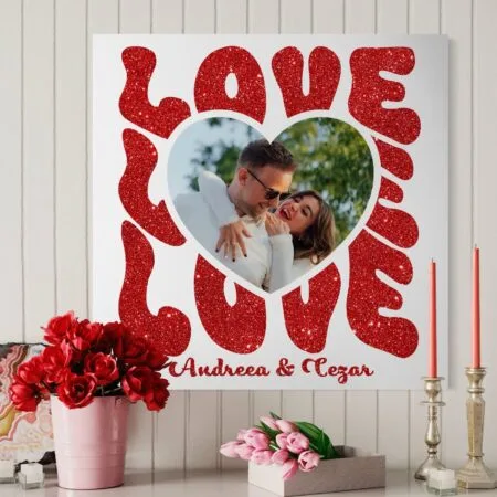 tablou canvas "love edition" personalizat cu poză în inimă & nume (design roșu glitter)