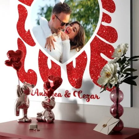 tablou canvas "love edition" personalizat cu poză în inimă & nume (design roșu glitter)