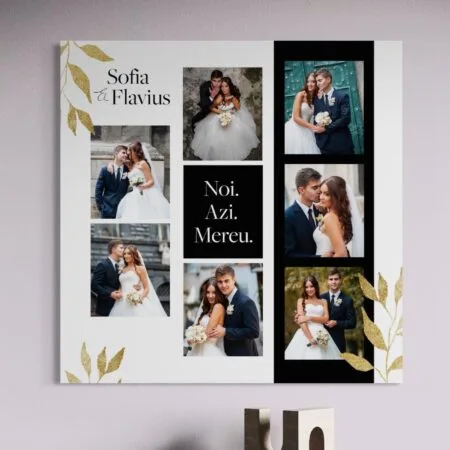 tablou canvas "noi. azi. mereu." colaj nuntă 7 poze & nume (design gold & black)