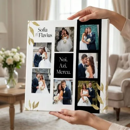 tablou canvas "noi. azi. mereu." colaj nuntă 7 poze & nume (design gold & black)