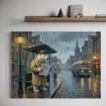 tablou canvas "ploaie cu noroc" artă surrealistă urs polar, ziare & pești (decor eclectic)