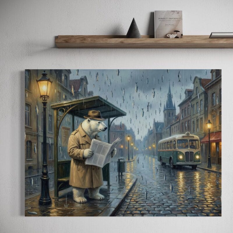 tablou canvas "ploaie cu noroc" artă surrealistă urs polar, ziare & pești (decor eclectic)