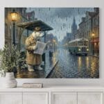 tablou canvas "ploaie cu noroc" artă surrealistă urs polar, ziare & pești (decor eclectic)