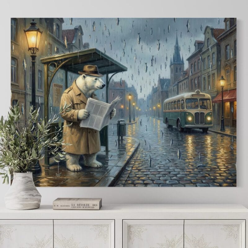 tablou canvas "ploaie cu noroc" artă surrealistă urs polar, ziare & pești (decor eclectic)