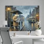 tablou canvas "ploaie cu noroc" artă surrealistă urs polar, ziare & pești (decor eclectic)