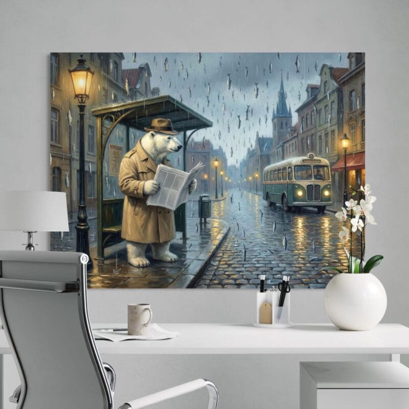 tablou canvas "ploaie cu noroc" artă surrealistă urs polar, ziare & pești (decor eclectic)
