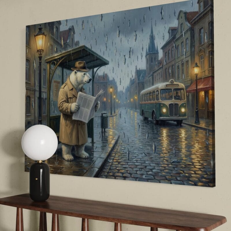 tablou canvas "ploaie cu noroc" artă surrealistă urs polar, ziare & pești (decor eclectic)
