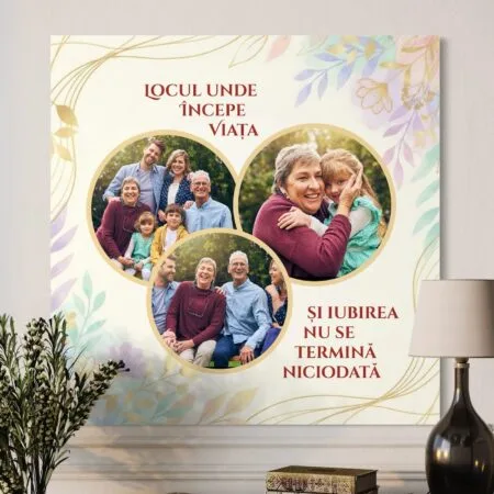 tablou canvas "familia: iubire infinită" colaj 3 poze & mesaj de suflet (design floral)
