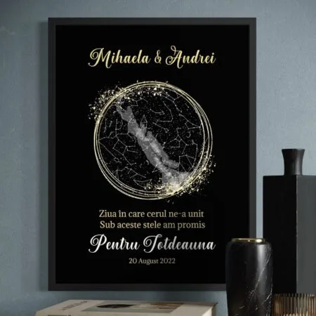 tablou "harta stelelor" alinierea astrelor la data voastră specială (design gold & black)