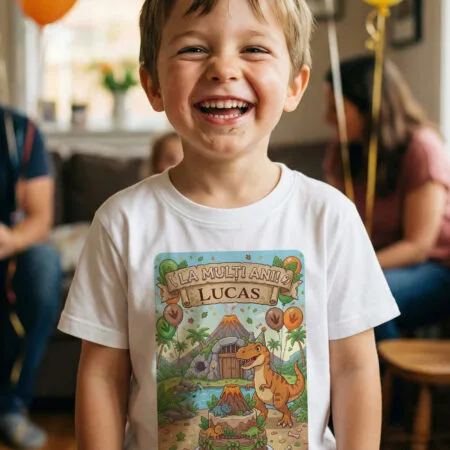 tricou aniversar copii "dino party" personalizat cu nume & la mulți ani (tematică jurassic)