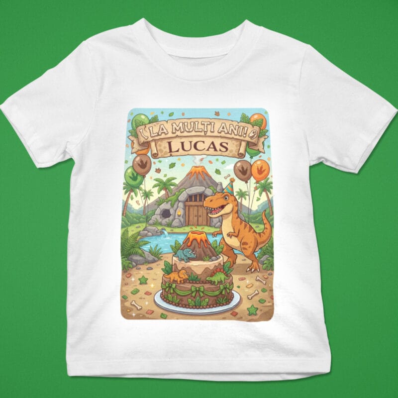 tricou aniversar copii "dino party" personalizat cu nume & la mulți ani (tematică jurassic)