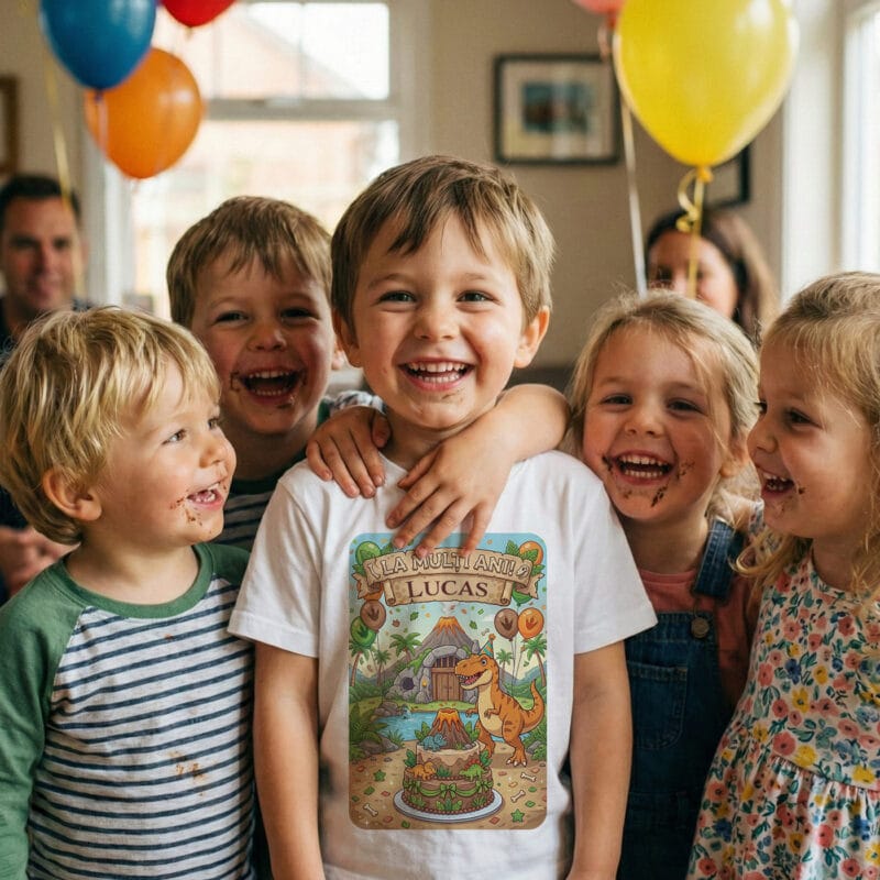 tricou aniversar copii "dino party" personalizat cu nume & la mulți ani (tematică jurassic)