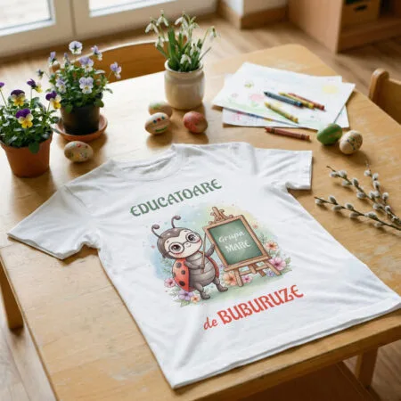 tricou personalizat educatoare "grupa buburuzelor" ilustrație tematică & text (cadou grădiniță)