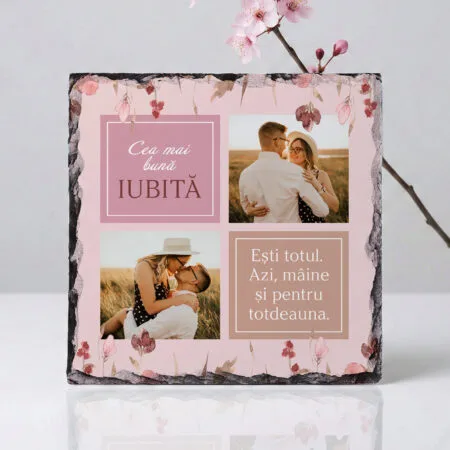 placă ardezie pătrată "declarație de iubire" colaj 2 poze & mesaj (cadou iubită)