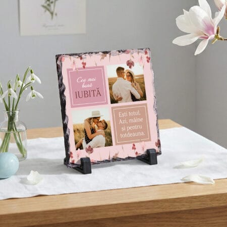 placă ardezie pătrată "declarație de iubire" colaj 2 poze & mesaj (cadou iubită)