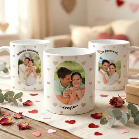 cană personalizată "love story" 3 poze & mesaj "iubirea noastră crește" (design inimi aurii)