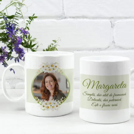 cană personalizată "floare rară" poză, nume & mesaj emoționant (design margarete)