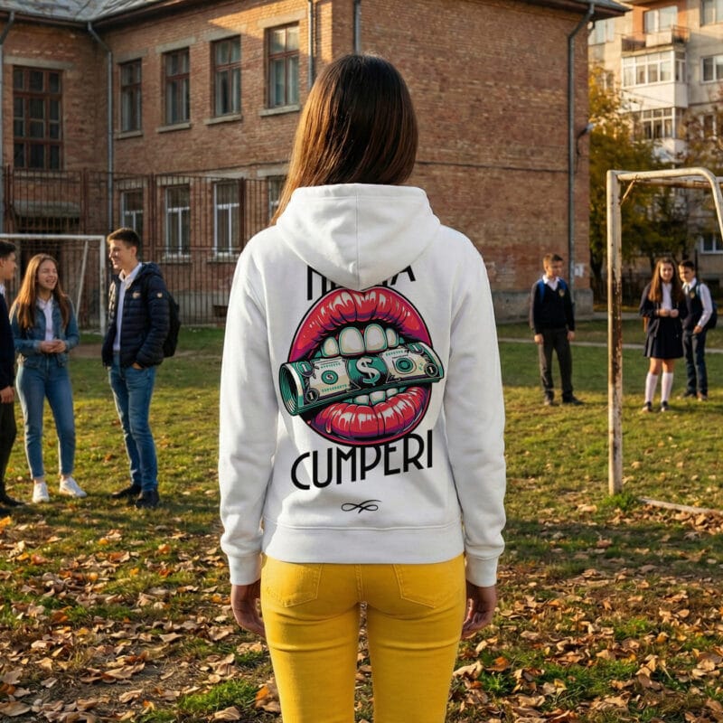 hanorac urban "money talks" mesaj "nu mă cumperi" (grafică buze & dolari)