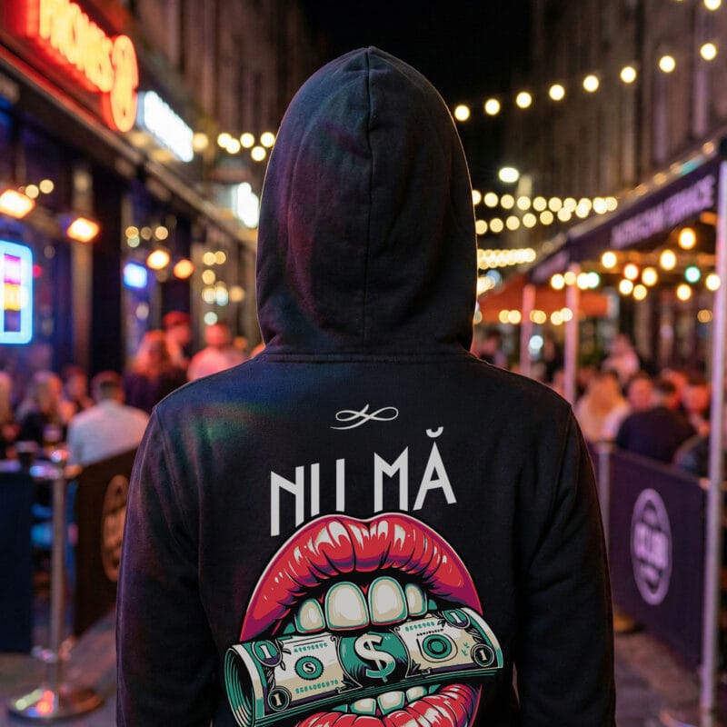 hanorac urban "money talks" mesaj "nu mă cumperi" (grafică buze & dolari)