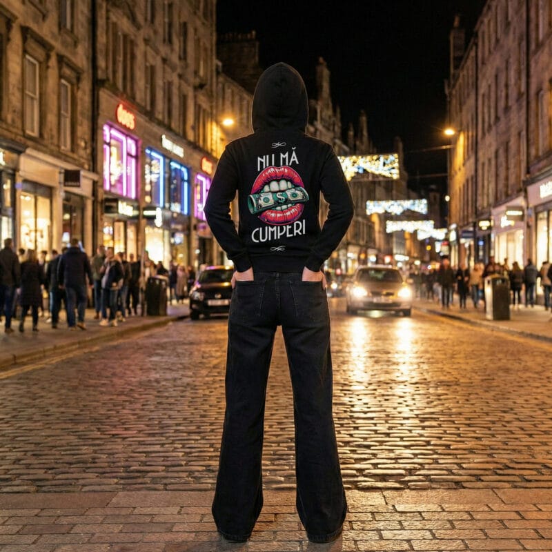 hanorac urban "money talks" mesaj "nu mă cumperi" (grafică buze & dolari)