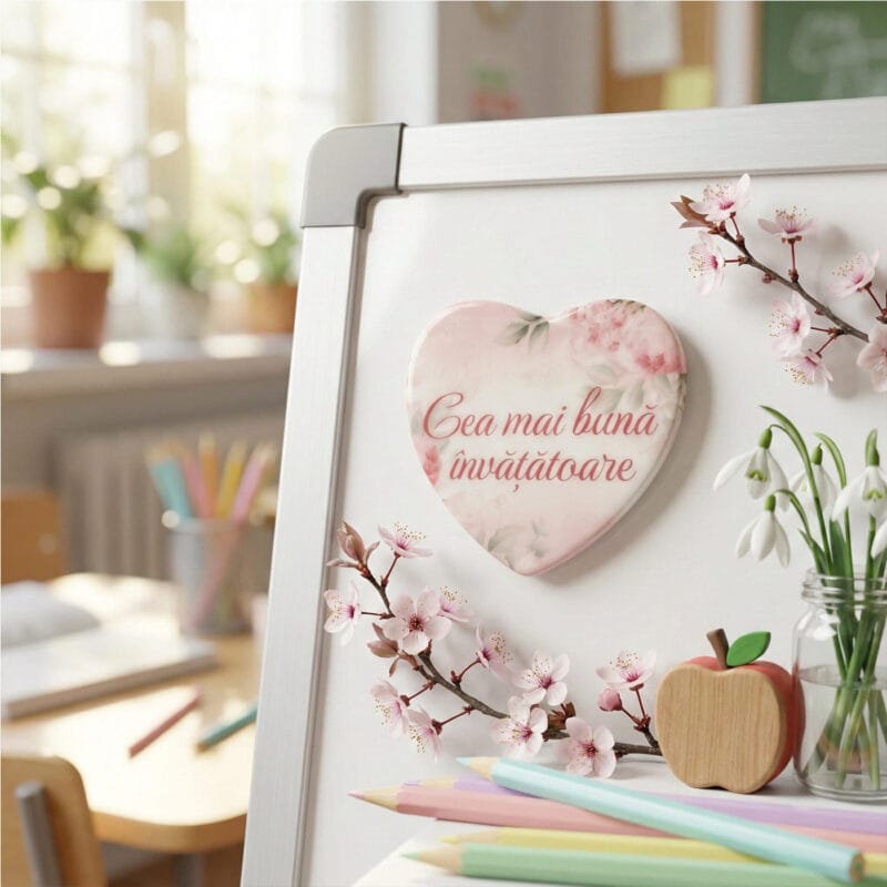 mărțișor magnet ceramic "inimă pentru doamna" mesaj personalizat & flori (cadou Învățătoare)