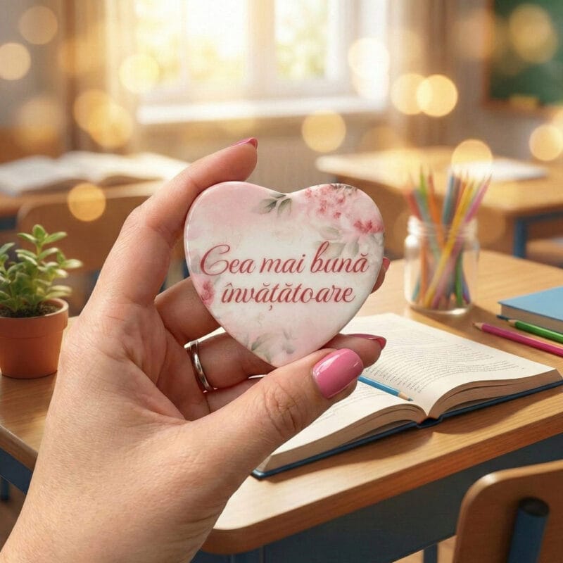 mărțișor magnet ceramic "inimă pentru doamna" mesaj personalizat & flori (cadou Învățătoare)