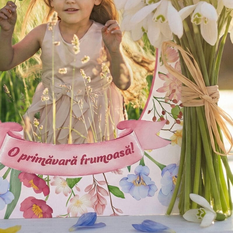 magnet mărțișor "fundița veselă" personalizat poză & mesaj (design flori de câmp & roz)