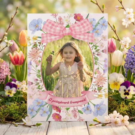 magnet mărțișor "fundița veselă" personalizat poză & mesaj (design flori de câmp & roz)