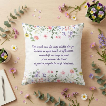 pernă decorativă "oază de tihnă" mesaj emoționant & flori de câmp (cadou colegă / prietenă)